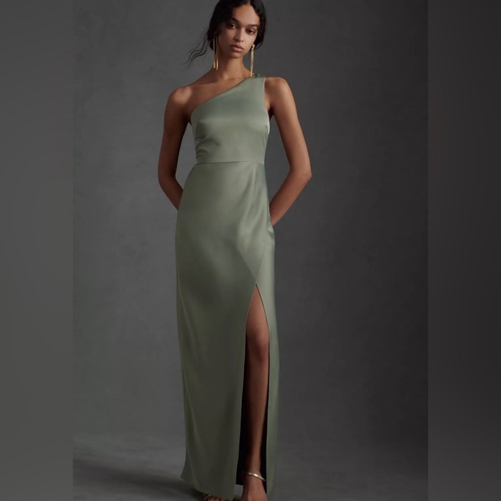 BHLDN Moss Sage Green Dylan One-shoulder Satin Charmeuse Side-Slit Gown size 6